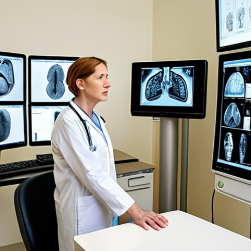 Home 11 **
Prompt: "A radiologist in a modern German hospital, using AI-powered software to analyze medical images. Focus on the efficiency and speed of the analysis. Include a CT scan or X-ray image on the screen. The radiologist should appear relieved and focused. The color palette should be clean and professional."
**