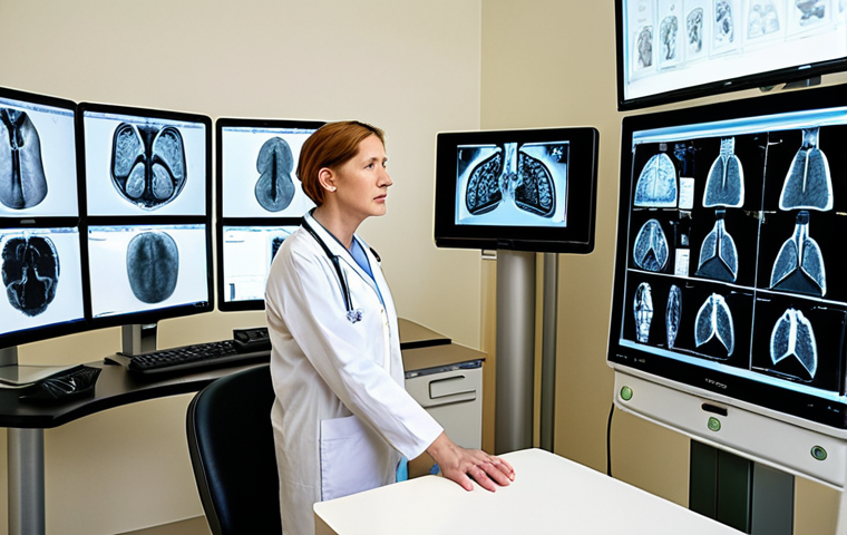 **
Prompt: "A radiologist in a modern German hospital, using AI-powered software to analyze medical images. Focus on the efficiency and speed of the analysis. Include a CT scan or X-ray image on the screen. The radiologist should appear relieved and focused. The color palette should be clean and professional."
**