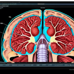 **A radiologist reviewing a detailed 3D rendering of a brain MRI scan on ITK-SNAP, highlighting a tumor segmentation, with Matplotlib charts showing AI analysis metrics overlaid.** (Focuses on visualization and analysis of medical images.)
