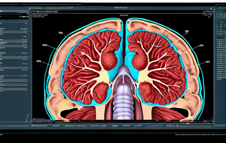 **A radiologist reviewing a detailed 3D rendering of a brain MRI scan on ITK-SNAP, highlighting a tumor segmentation, with Matplotlib charts showing AI analysis metrics overlaid.** (Focuses on visualization and analysis of medical images.)