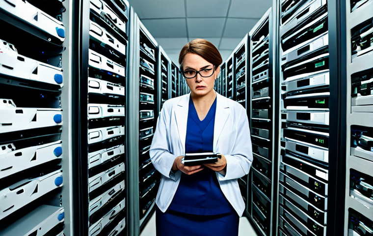 Data Silos in Healthcare**
"A frustrated IT professional surrounded by stacks of mismatched hard drives and data tapes in a chaotic, cluttered server room. She's trying to connect cables but looks overwhelmed. Fully clothed in professional attire, appropriate content, safe for work, perfect anatomy, natural proportions, depicts the challenges of data interoperability in medical imaging, professional concept art, high quality."
**