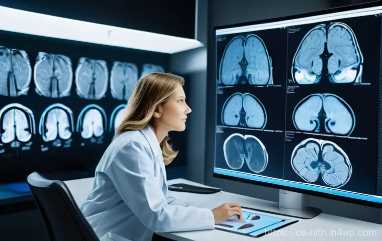 MRI 영상에서 AI 분석의 역할 - **Prompt 1: AI-Enhanced Radiologist at Work**
"A highly detailed, realistic image of a female ra...