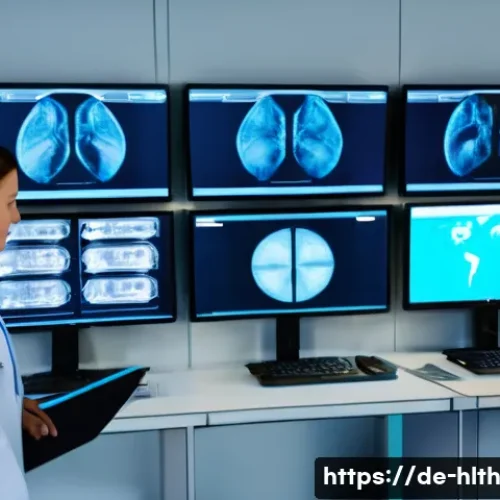 의료 영상 AI 분석에서의 데이터 보안 - A modern hospital IT security control room in Germany, showing diverse medical professionals and IT ...