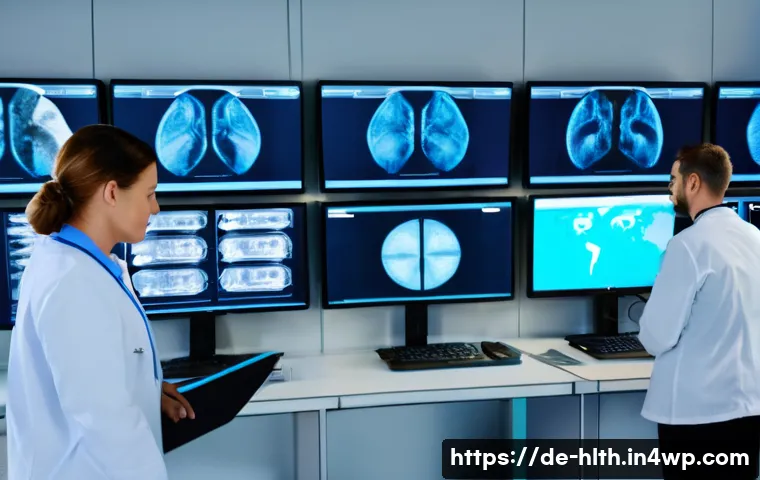 의료 영상 AI 분석에서의 데이터 보안 - A modern hospital IT security control room in Germany, showing diverse medical professionals and IT ...