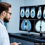 의료 영상 AI 분석을 위한 실습 가이드 - A modern hospital radiology room with a diverse team of German medical professionals analyzing high-...
