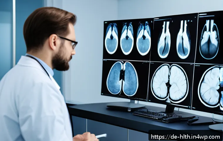 의료 영상 AI 분석을 위한 실습 가이드 - A modern hospital radiology room with a diverse team of German medical professionals analyzing high-...