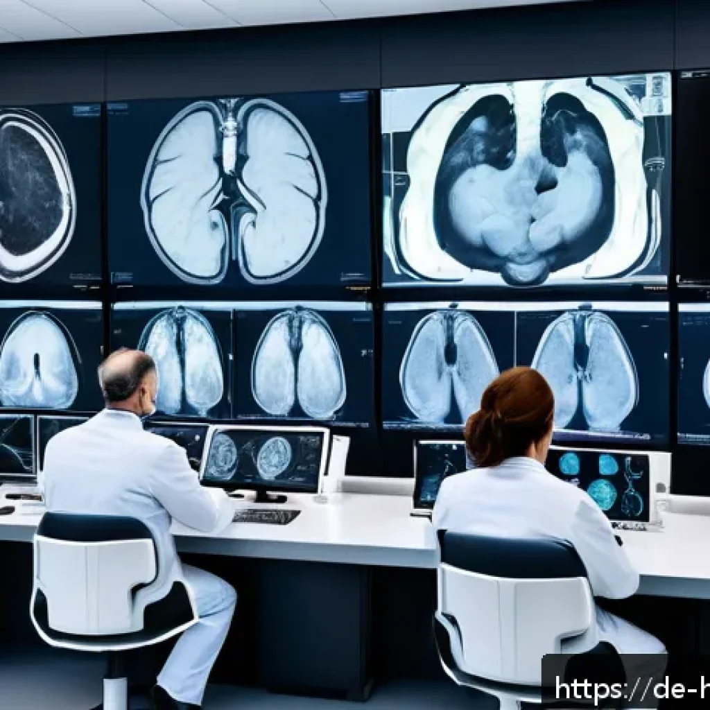 AI 의료 영상 분석의 사용자 경험 향상 - A high-tech radiology lab scene showing a diverse group of professional radiologists using AI-powere...