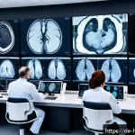 AI 의료 영상 분석의 사용자 경험 향상 - A high-tech radiology lab scene showing a diverse group of professional radiologists using AI-powere...