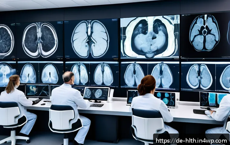 AI 의료 영상 분석의 사용자 경험 향상 - A high-tech radiology lab scene showing a diverse group of professional radiologists using AI-powere...