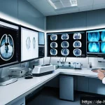 AI와 의료 영상의 융합을 통한 혁신 - A modern hospital radiology room featuring a diverse team of medical professionals&mdash;doctors and radio...