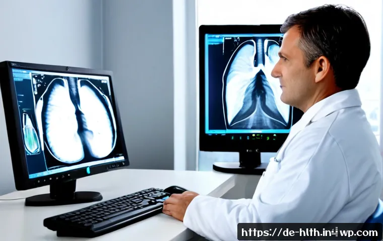 Home 17 AI를 활용한 X ray 영상 분석 방법 - Photorealistic modern German hospital radiology reading room, a middle-aged radiologist in clean pro...